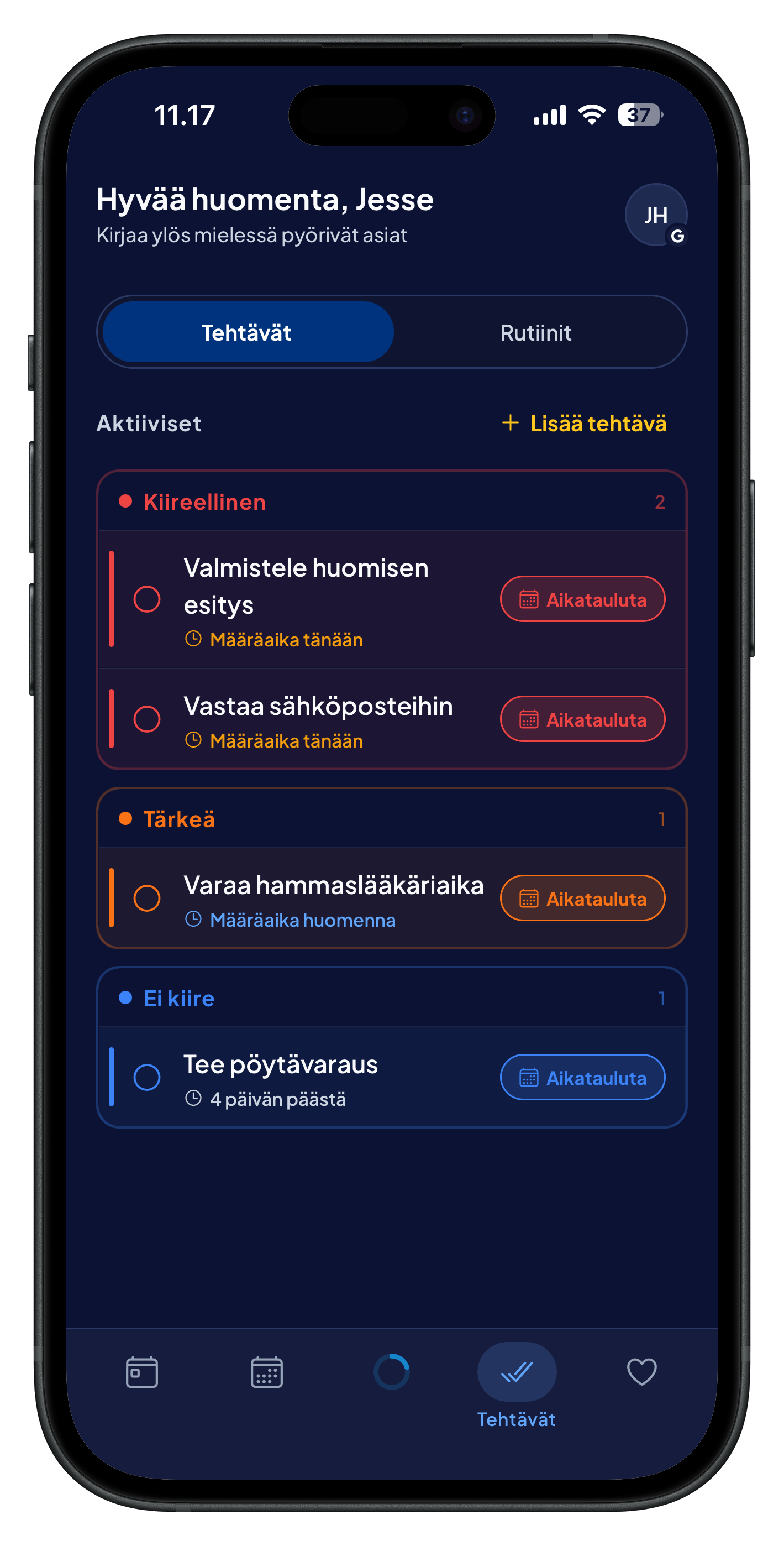 Tehtävät-näkymä: tärkeysjärjestykseen jaetut tehtävät